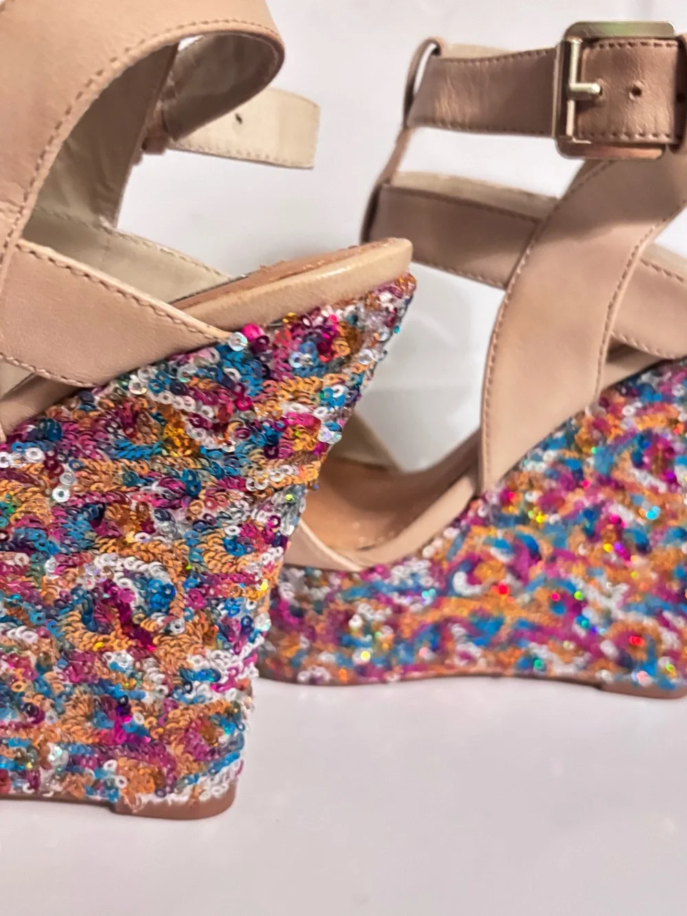 naughty monkey Nude T-Strap Wedge Sandals with Multicolor Sequin Platform